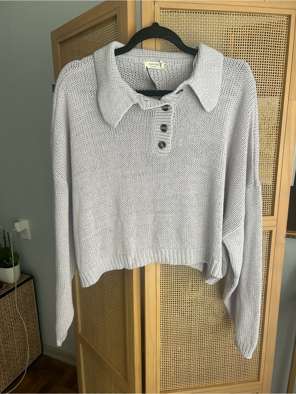 Harper Heritage Lavender Knit Collared Cropped Sweater XL Oversized Cozy